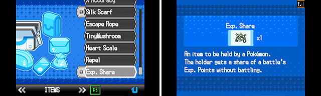 Exp. Share is great for training weaker Pokemon. Just slap it on your novice Pokemon while you battle with your veterans to feed them exp.