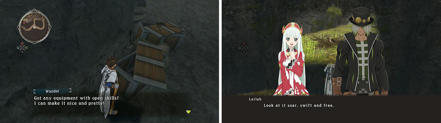 Don’t miss the Normin Wundor hiding in the crates (left). Behind the chest on the cliff you can discover a grifkyte for a skit (right).