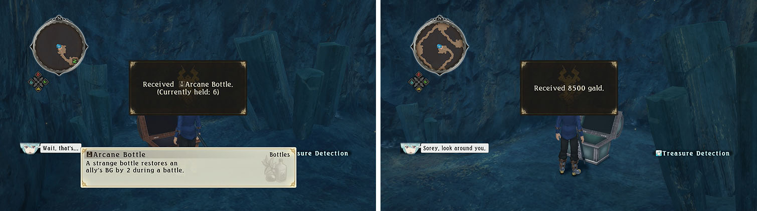 Grab the Arcane Bottle before heading to the second map (left) follow the path west to a chest with 8500 gald (right).