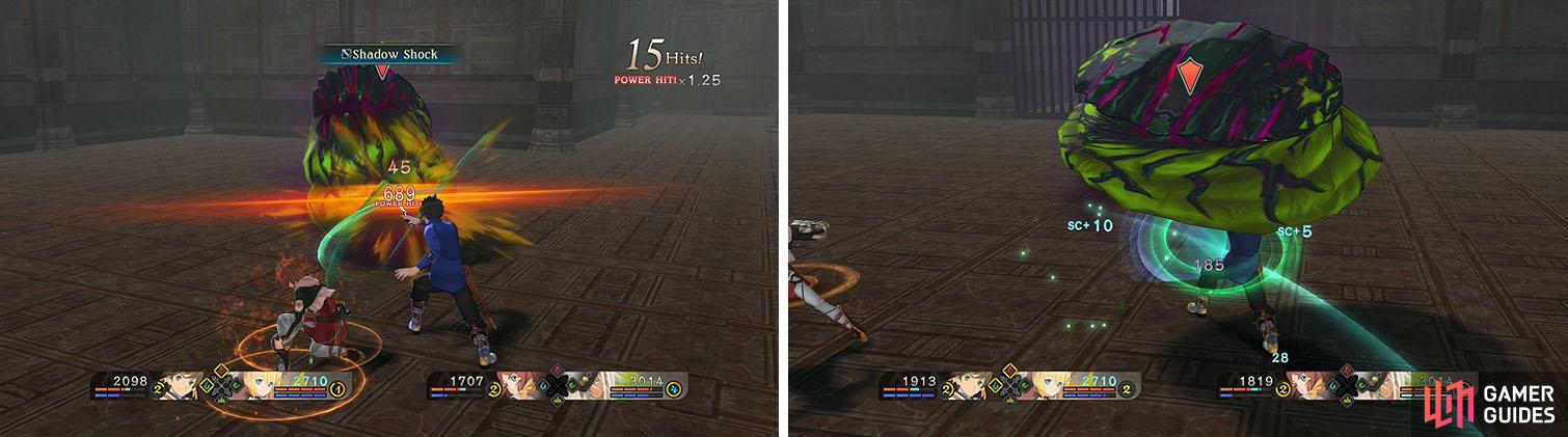 Use Shadow Shock at the start of your combos to do max damage in your combo (left) while watching out for the slime’s spin attack (right).