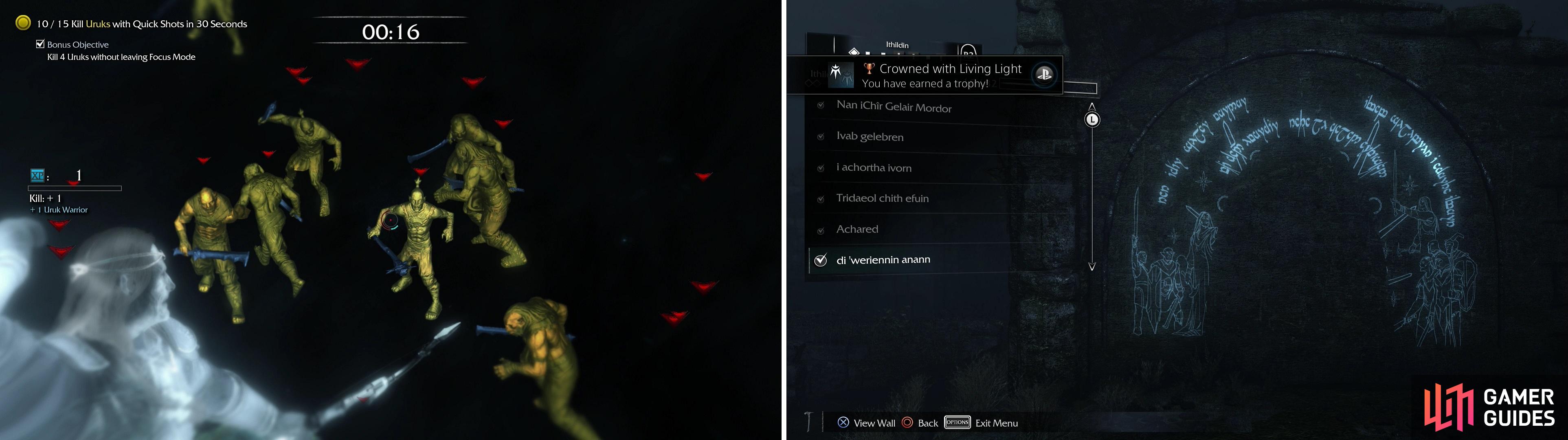 The “Swift Mercy” Bow Mission charges you with shooting down a host of moribund Uruks (left). After grabbing all the Ithildin in this area, we should have found half of the possible Ithildin in the game (right).