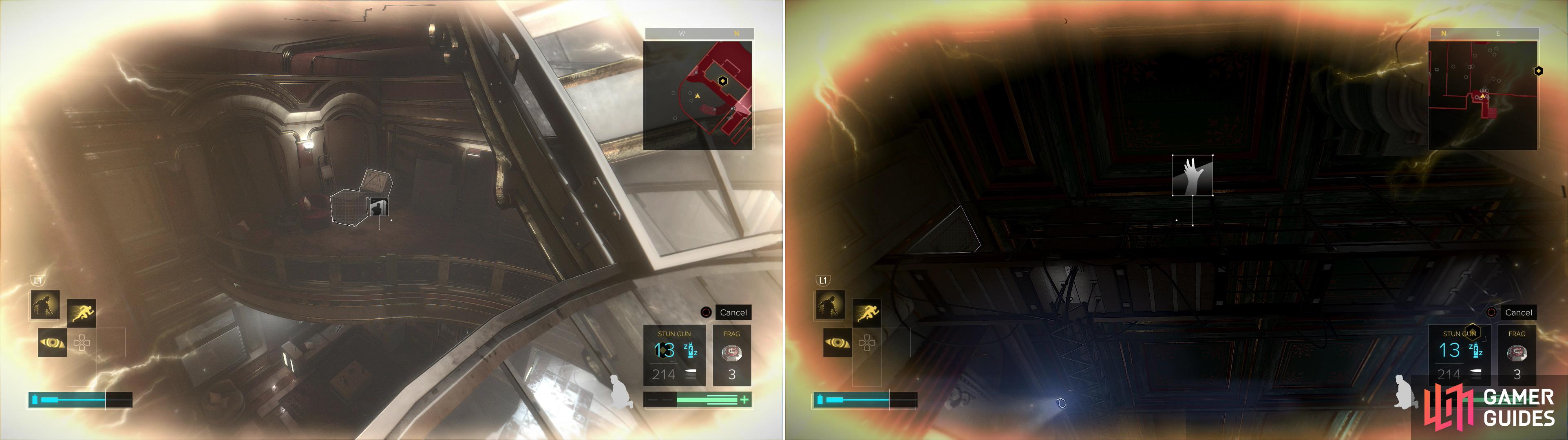 Use Icarus Dash to move from the glass bowl to the balcony (left) then again to travel from another balcony to the rafters (right).