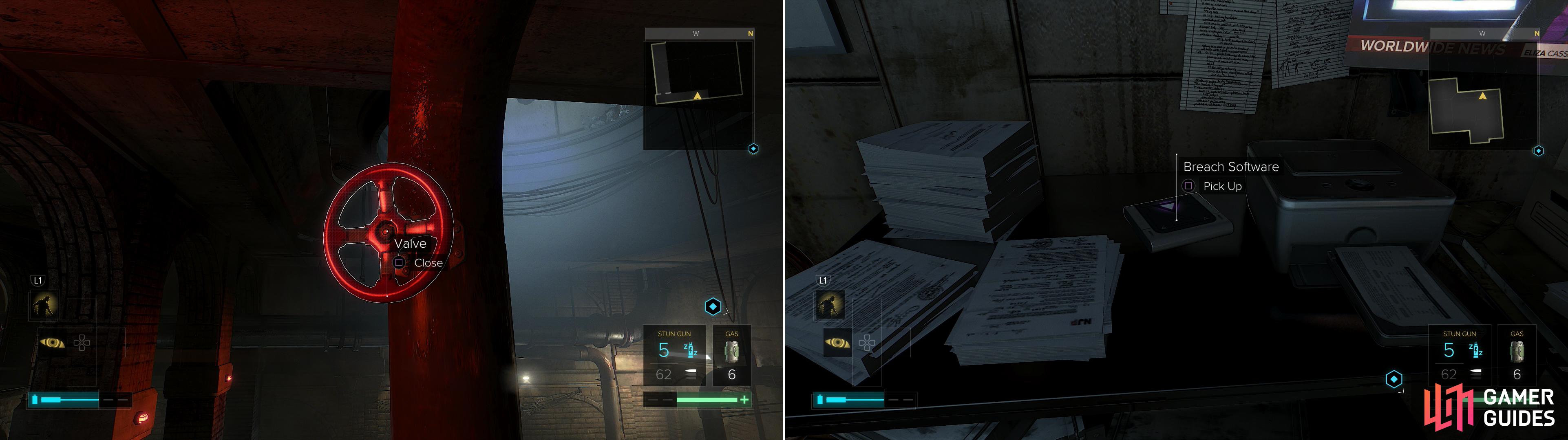 Turn two valves to turn off the gas (left) then search the previously gas-filled low area to find Breach Software #24 (right).