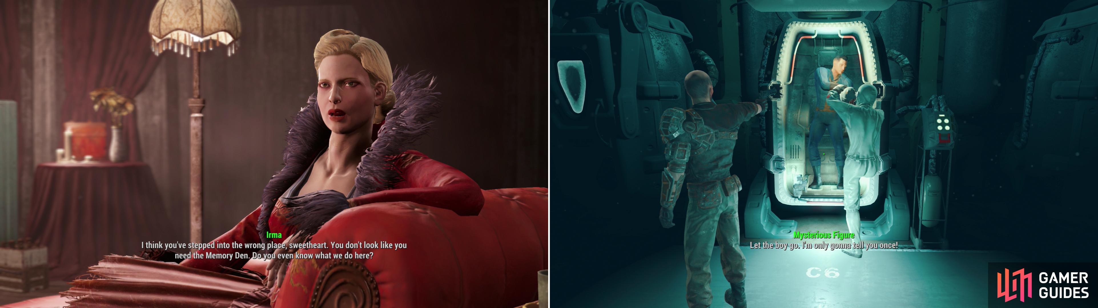 Irma handles the business end of the Memory Den (left). If you haven’t rescued Nick Valentine yet, you can use one of the memory loungers to relive you painful past (right).