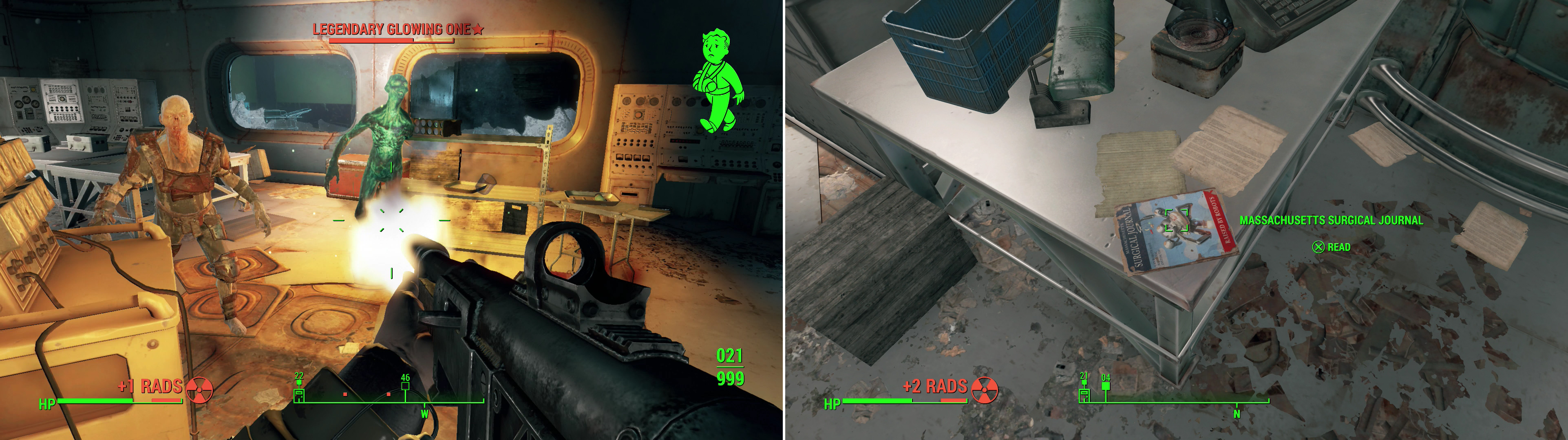 Kill the Feral Ghouls in the Sub-Levels, including a rare Glowing One (left). The lab occupied by the Glowing One also houses a copy of the Massachusetts Surgical Journal (right).