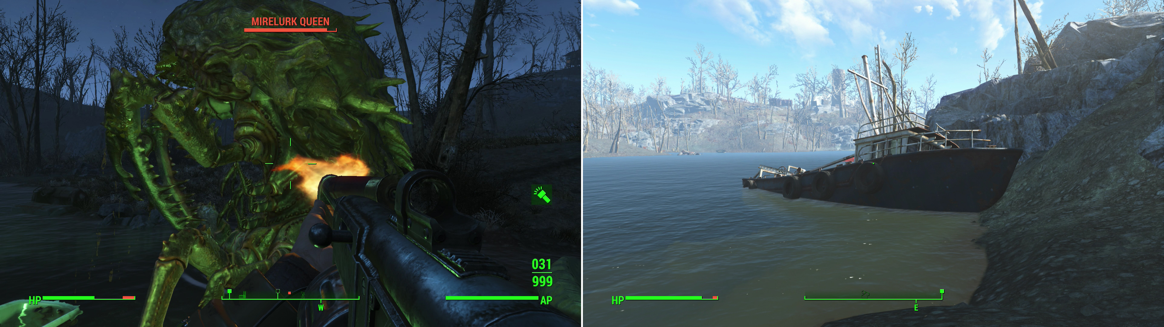 Be wary as you travel near the water, as you may draw the attention of a Mirelurk Queen (left). If you follow the coast east you’ll find the ship from which the “Nautical Signal” emanates (right).