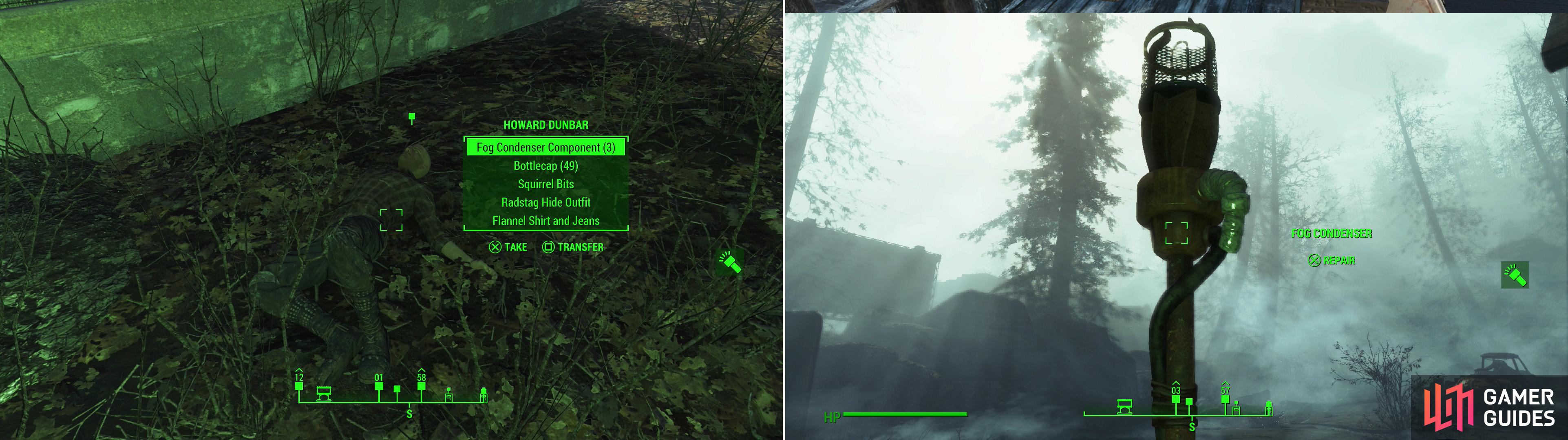 Kill some Mirelurks which were doing unspeakable things to poor Howard and relieve him of his Fog Condenser Components (left), then use the parts to repair three Fog Condensers (right).