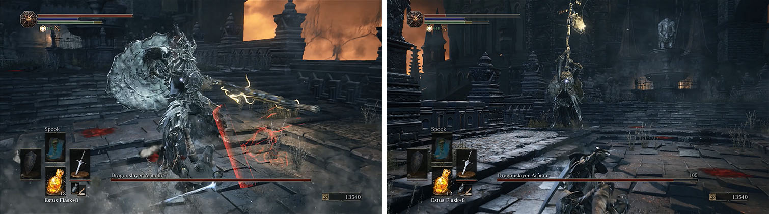 Most of the Dragonslayer’s attacks can be rolled under, but back away when he’s two-handing the greataxe and prepares to slam it into the ground.