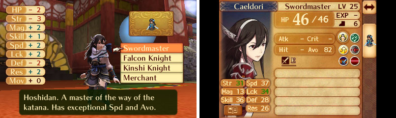 Reclassing Caeldori. Note the stat changes that happen.