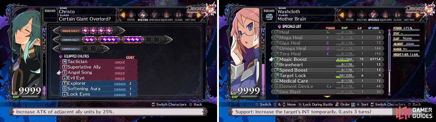 Angel Song is a necessity for all of your support characters (left). Your Professor’s Magic Boost should be maxed out at the Skill Shop (right).