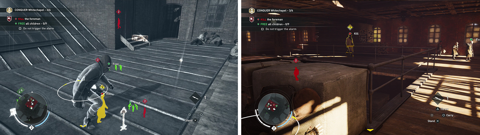 The roof is a good entry point and allows you to tag most enemies as well (left). Enter the building and kill the foreman (right).