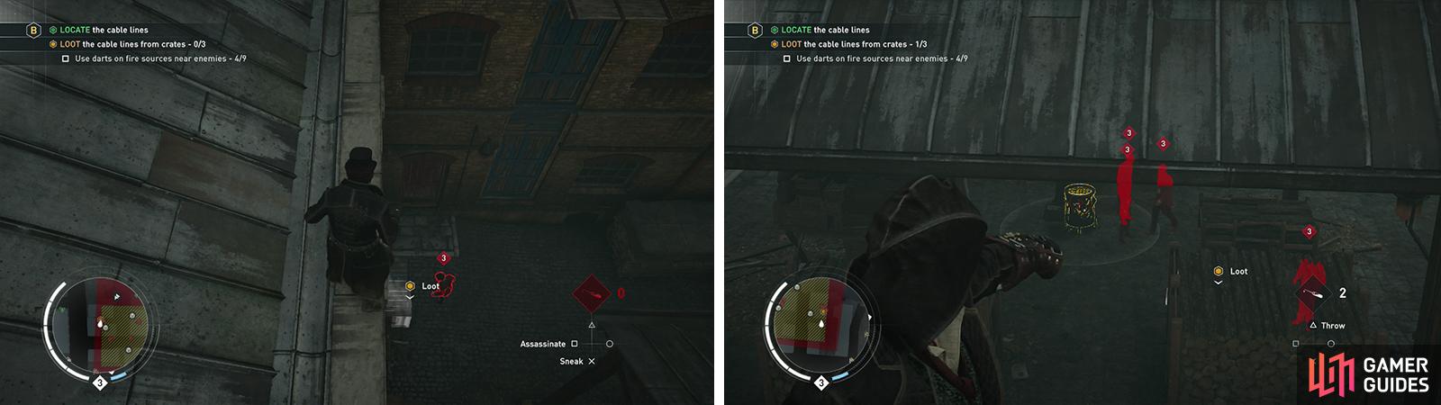 You’ll need to examine three chests (left). Using the darts effectively to create distractions (right).