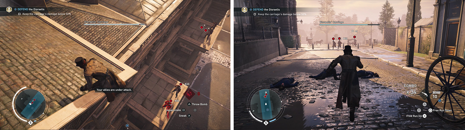 The first group of enemies will appear on balconies across the street (left). The third group of enemies will spawn down the street to the west (right).