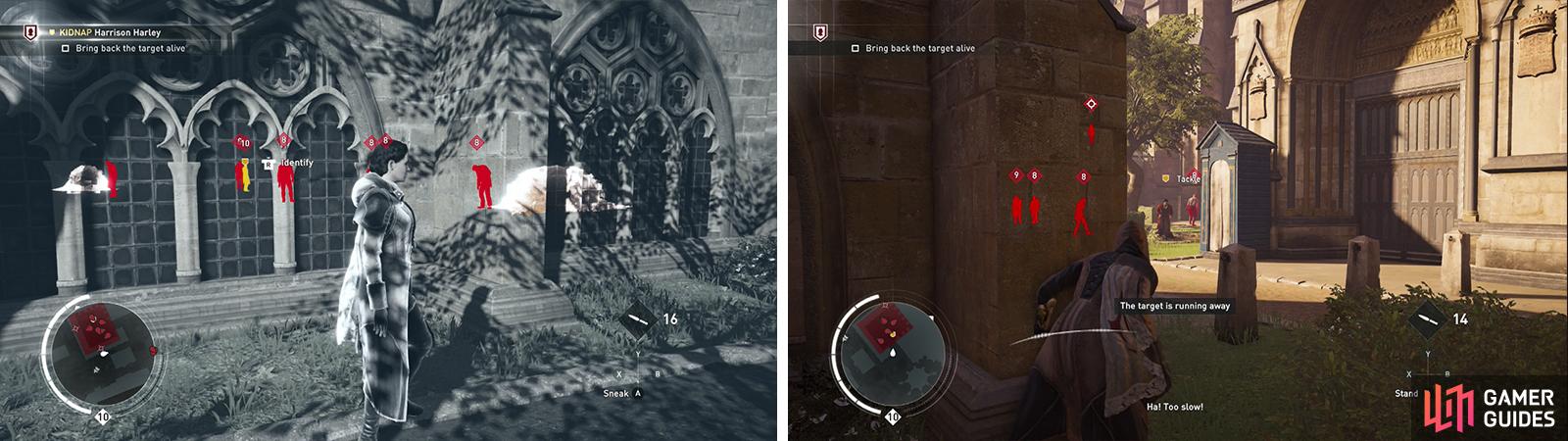 Tag the enemies in the restricted area (left). Use the south exit to kill an enemy so that the target comes to you (right).