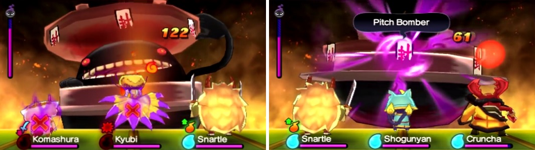 Keep an eye on Wobblewok’s eyes to determine how to damage him (left). Target the seals to stop his Soultimate attack (right).