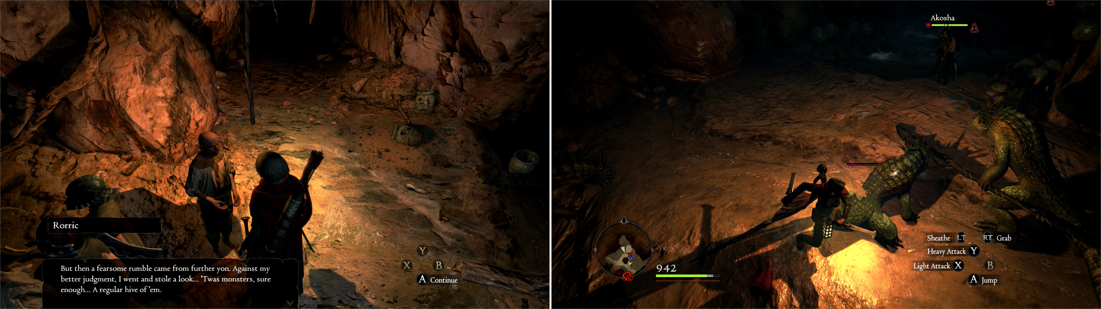 Climb down the well to find Rorric, who will inform you that the well needs to be cleared of beasts again (left). More Saurians lurk in a previously-blocked chamber (right).