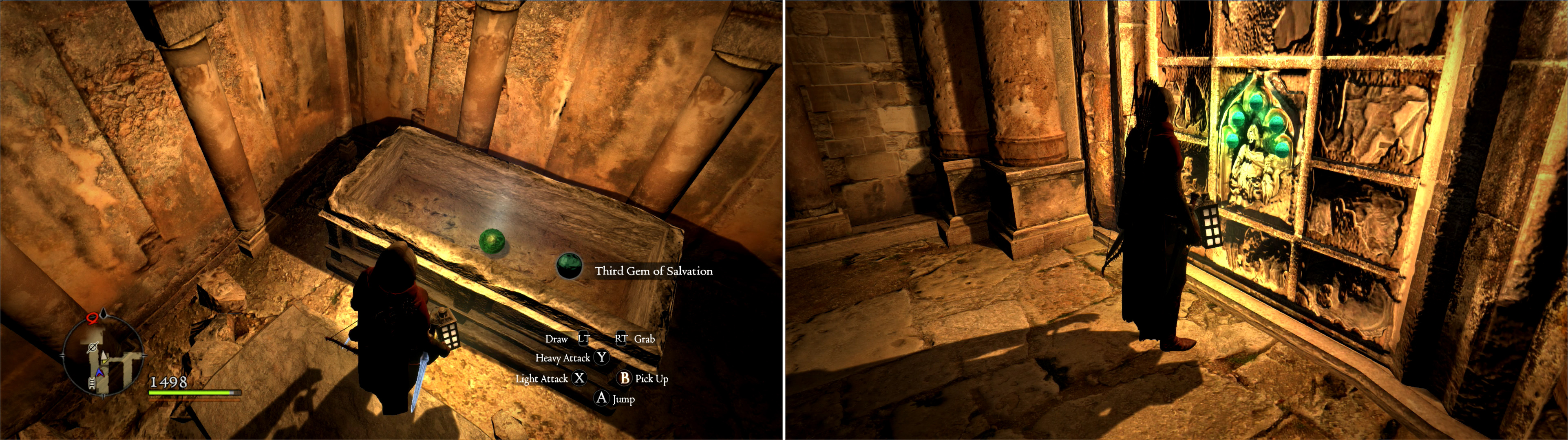 Search sarcophagi for “Gems of Salvation” (left), then deposit all five of them in a sealed door to open it (right).