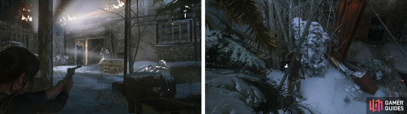 Use cover and projectiles to take down the armored enemies that show up (left). Afterwards look in the snow by the excavator for Survival Cache 07 (right).