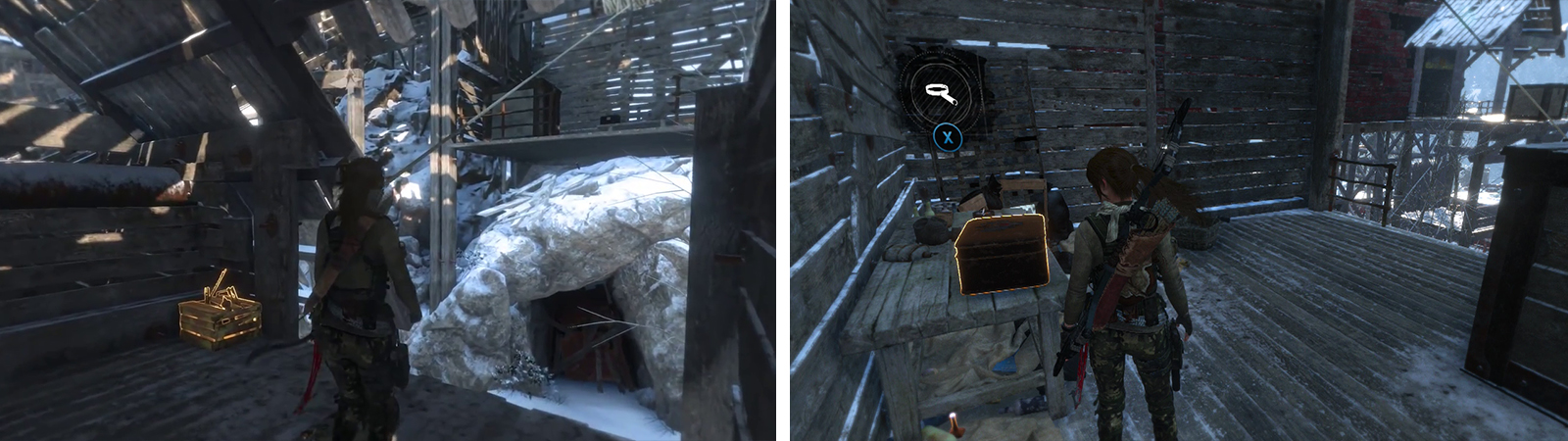 From the lower building use Rope Arrows to create a passage back to the upper building (left). You’ll find Relic 17 in the lower room here (right).