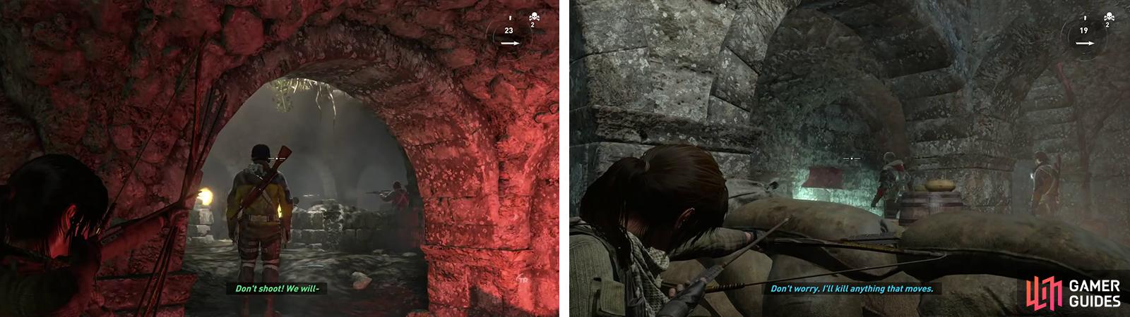 Eliminate the group of enemies at the end of the hallway (left). After dropping through the floor, you’ll need to deal with another pair below (right).