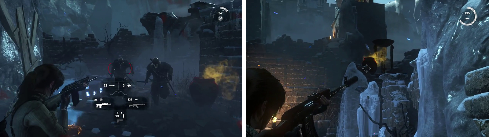 Use your weapons of choice to eliminate the Deathless soldiers (left). When the area is clear, look for the signal pyres (right) shoot these for the ‘Enemy of my Enemy’ area challenge.