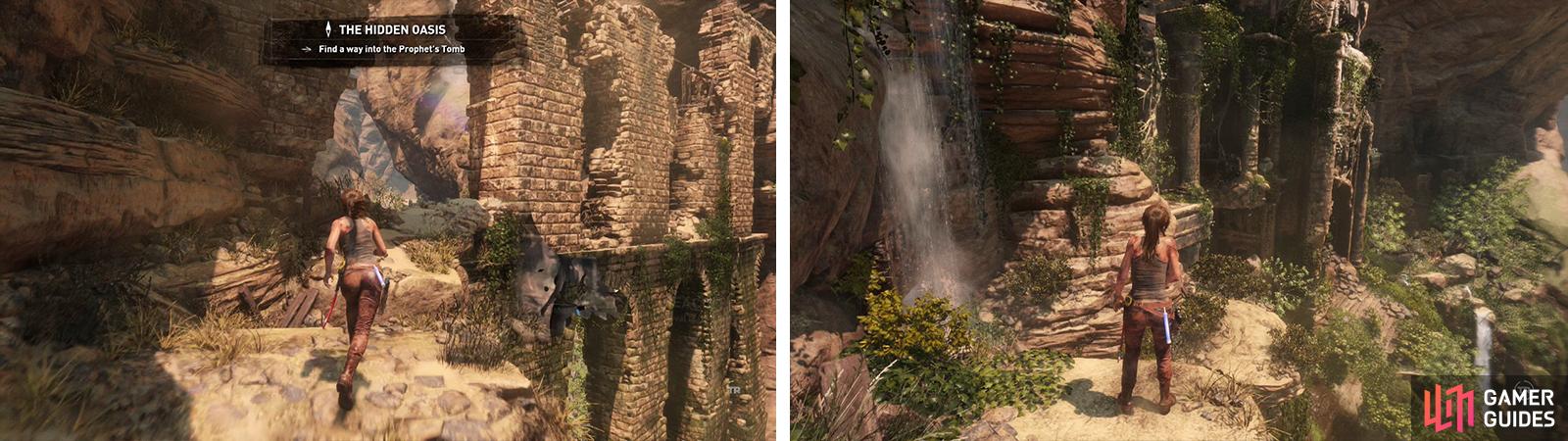 Climb along the back of the archway (left). Hop down the successive platforms to reach the tomb (right).