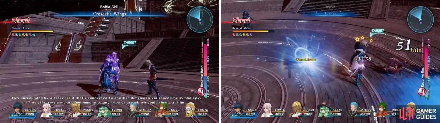 Alma is impervious to damage at the beginning (left). Only after an event later in the battle is he open to damage (right).