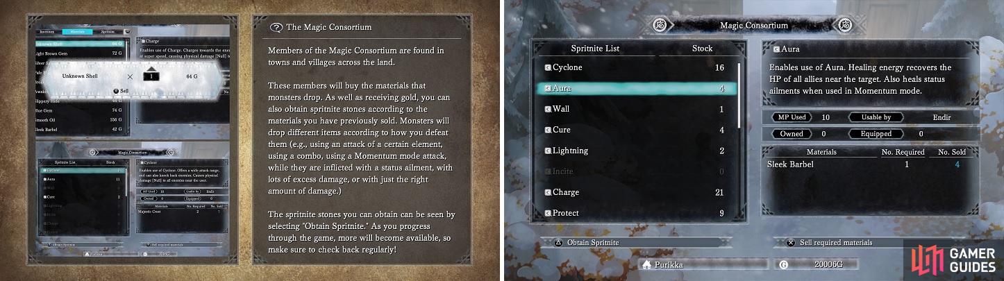 You will get new Spritnite by selling materials dropped by enemies to the Magic Consortium (left). Aura is a great healing tech for Endir (right).