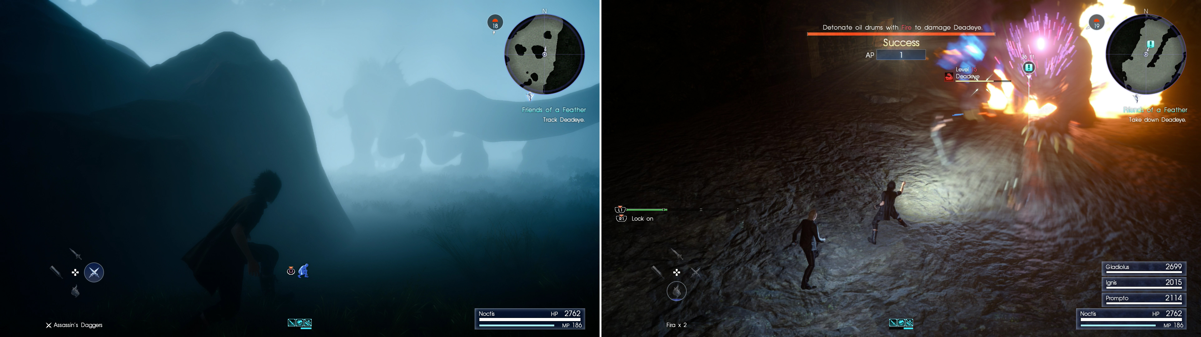 Sneak behind Deadeye, staying out of sight as you track him back to his den (left). The fight against Deadeye can be trivialized by blasting explosive barrels with fire magic (right).