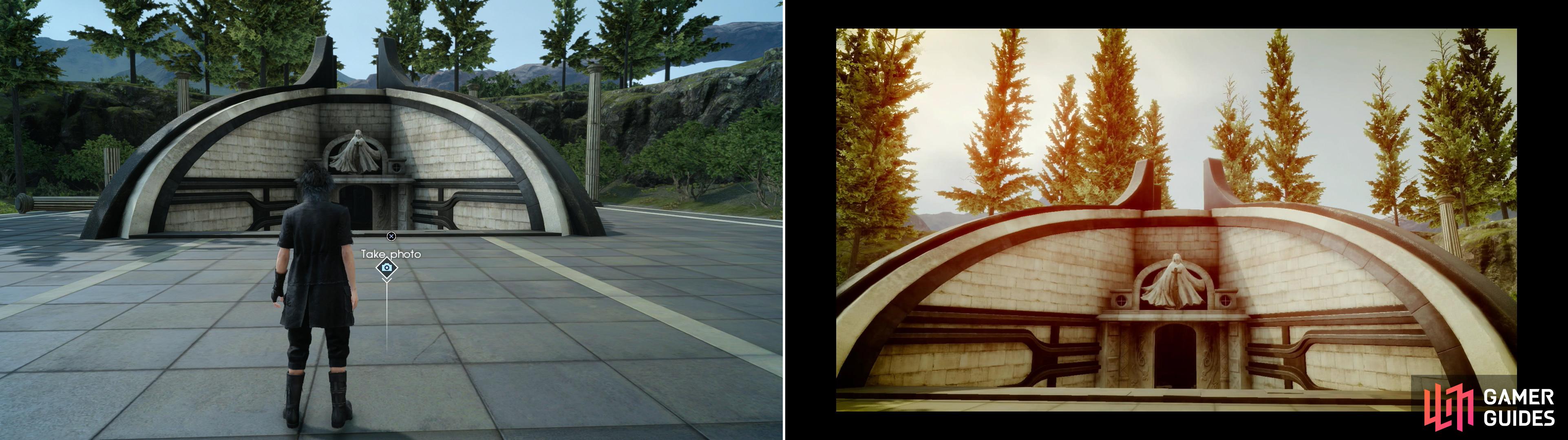 Head over to the Tomb of the Tall (left) and take a photo of the tomb (right).