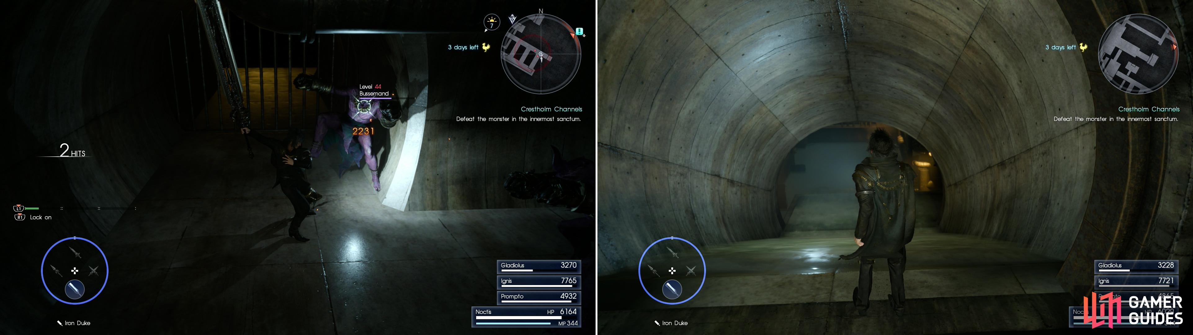 Bussemands are one of the most common enemies plaguing Crestholm Channels - be wary, as they can steal items from you (left). Going down is easy, in Crestholm. Getting back up can prove more difficulty (right).