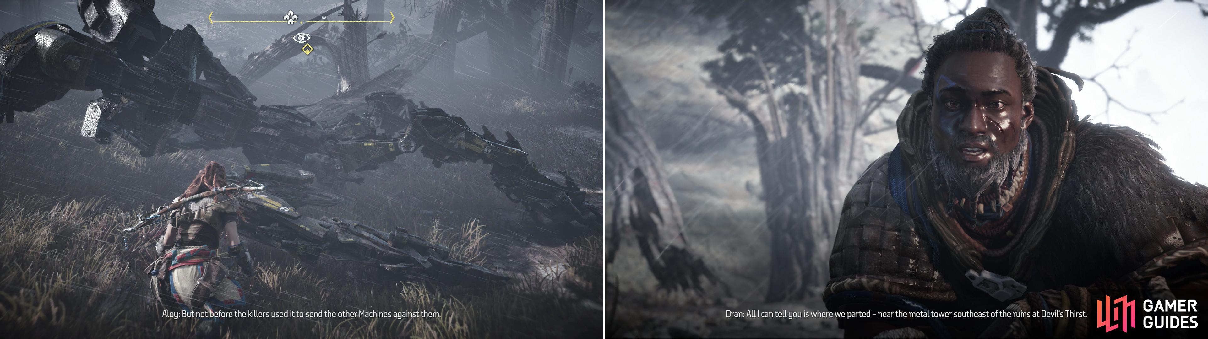 Search the destroyed Corruptor to find out more about the massacre (left) then talk to a survivor to find out where to look for War-Chief Sona (right).