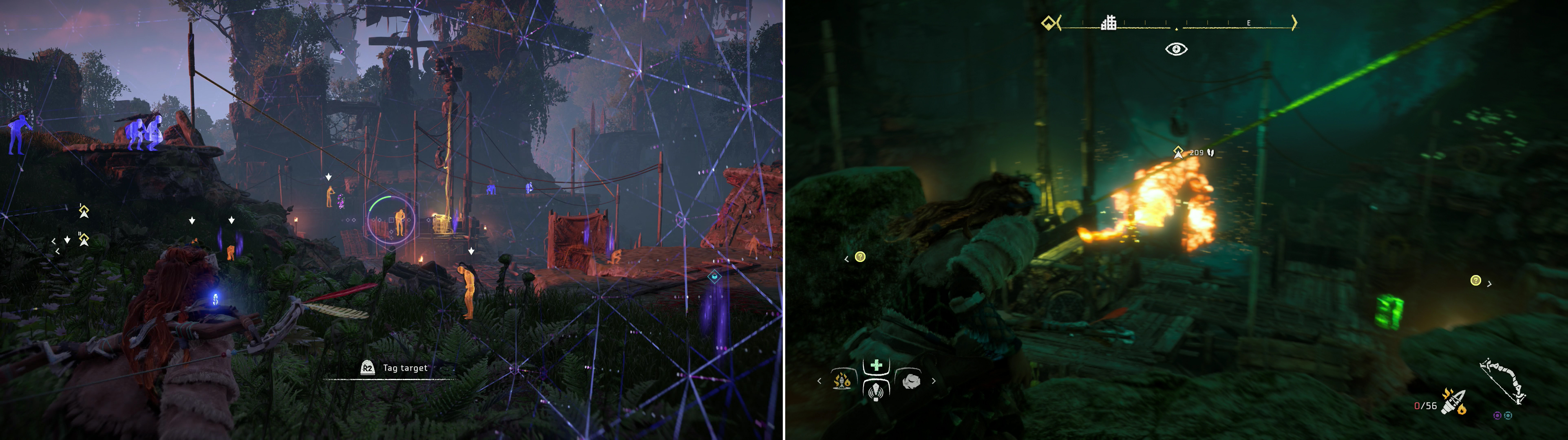 Scan the southern Cultist camp and mark the locations of the Cultists (left) then take them out with whatever means present themselves (right).