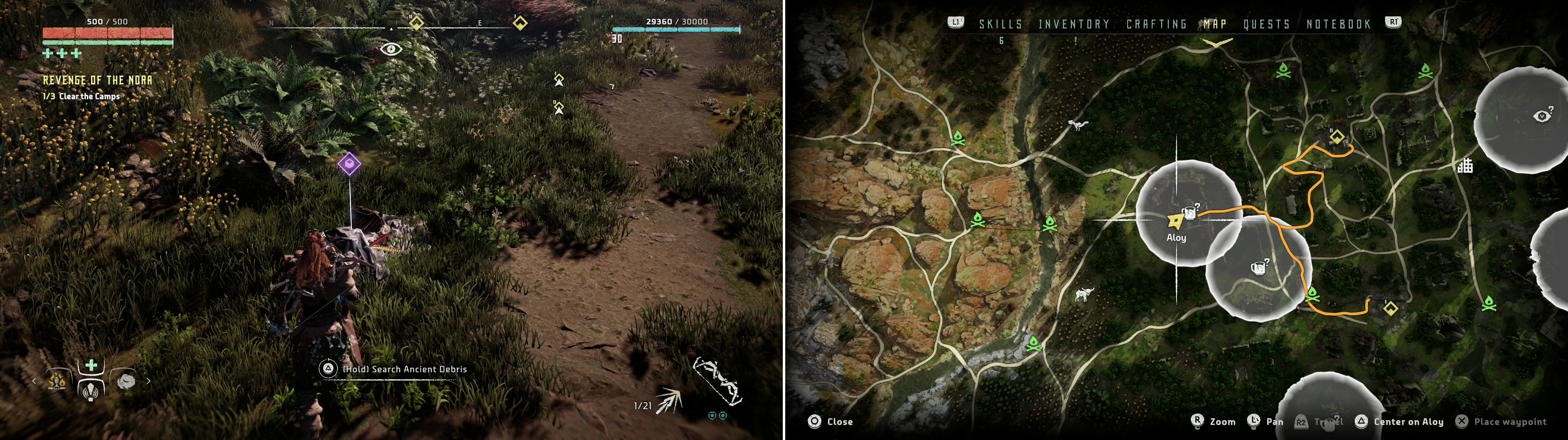 Search near the central Cultist camp to find the Ancient Vessel - Miriam (left) at the area indicated on the map (right).