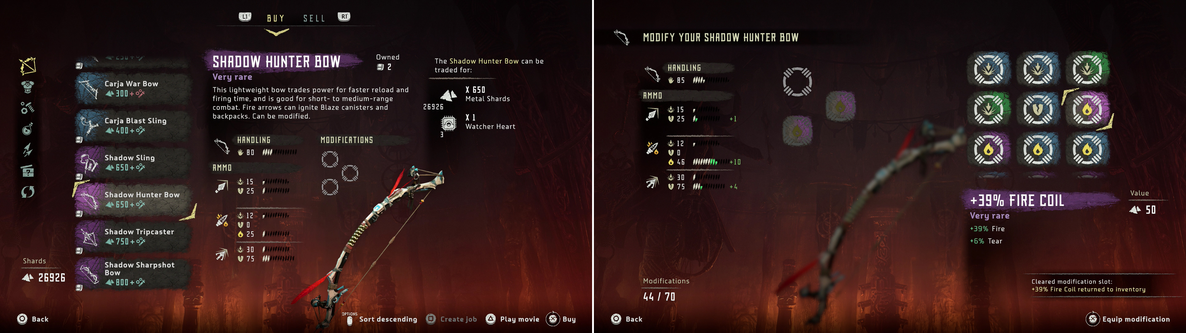 Shadow-grade weapons have three modification slots (left) with which you can modify different copies of the same weapon to focus on a specific type of damage (right).