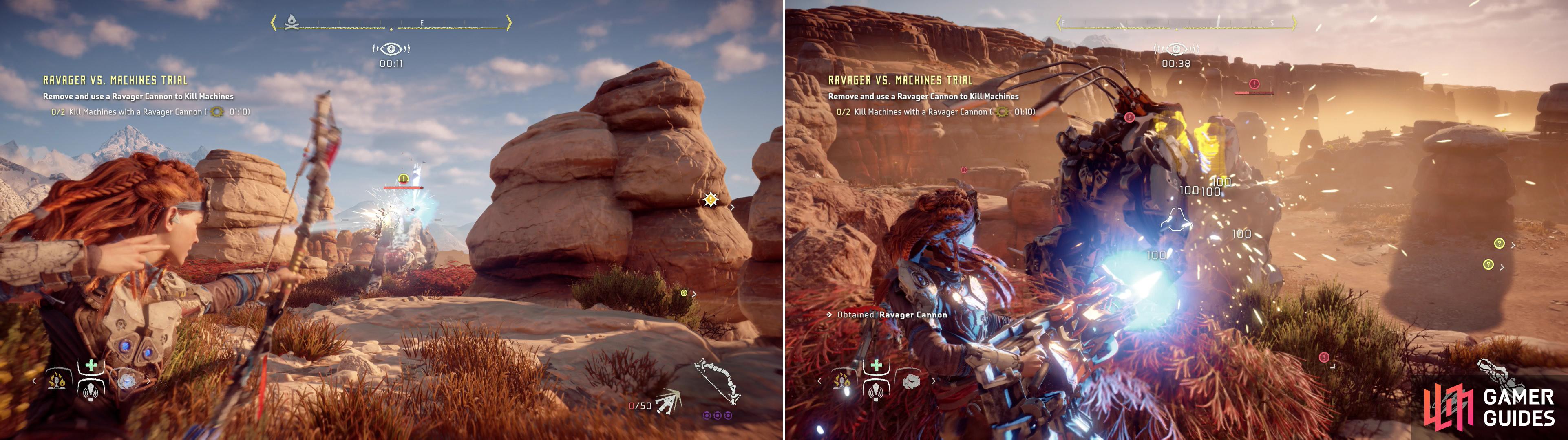 Shoot off a Ravager’s cannon (left) then use that captured weapon to disable two machines (right).