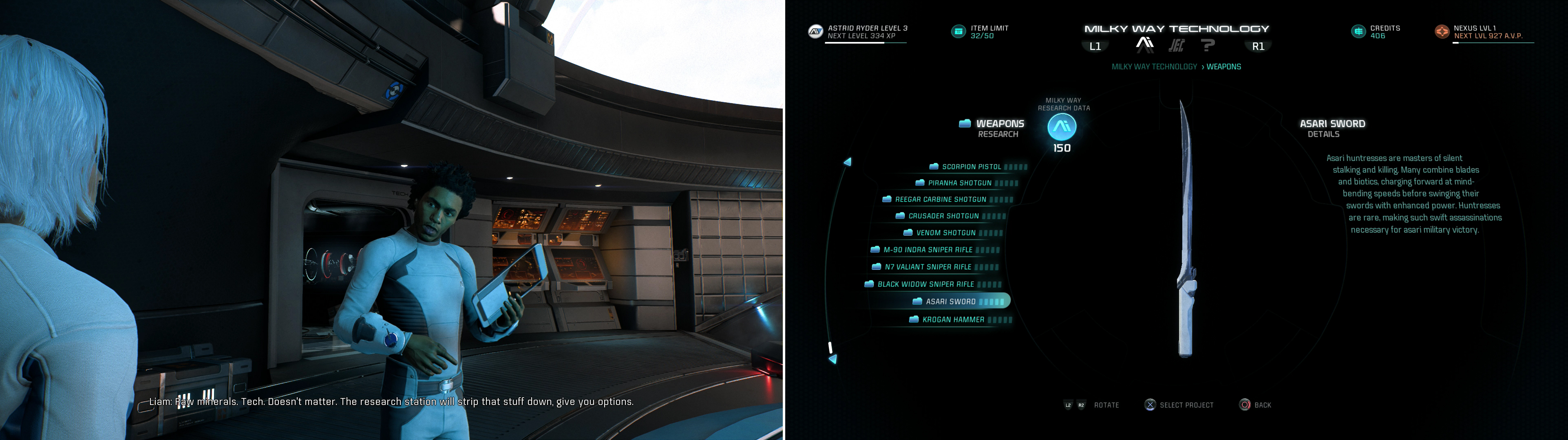 On the Tempest Liam will explain the Research Center terminal (left) which you can use to research and create new arms and armor (right).