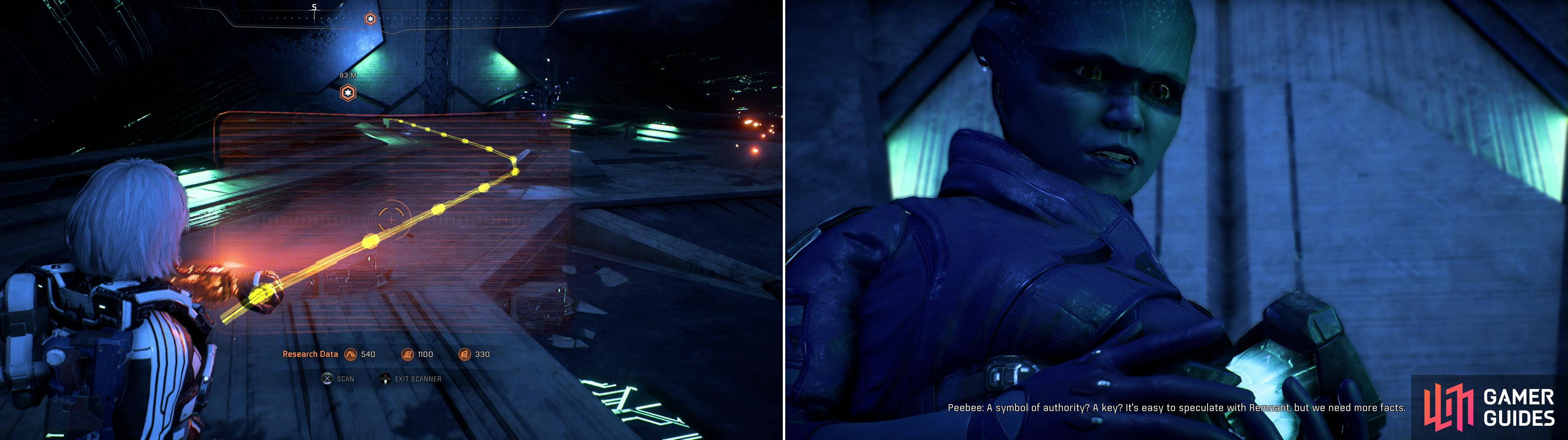 Throughout much of the vault a conduit will serve as a guide (left). Shortly into the vault Peebee will find a Remnant Data Core, the object of her long-running obsession and the quest “Remnant Data Cores” (right).