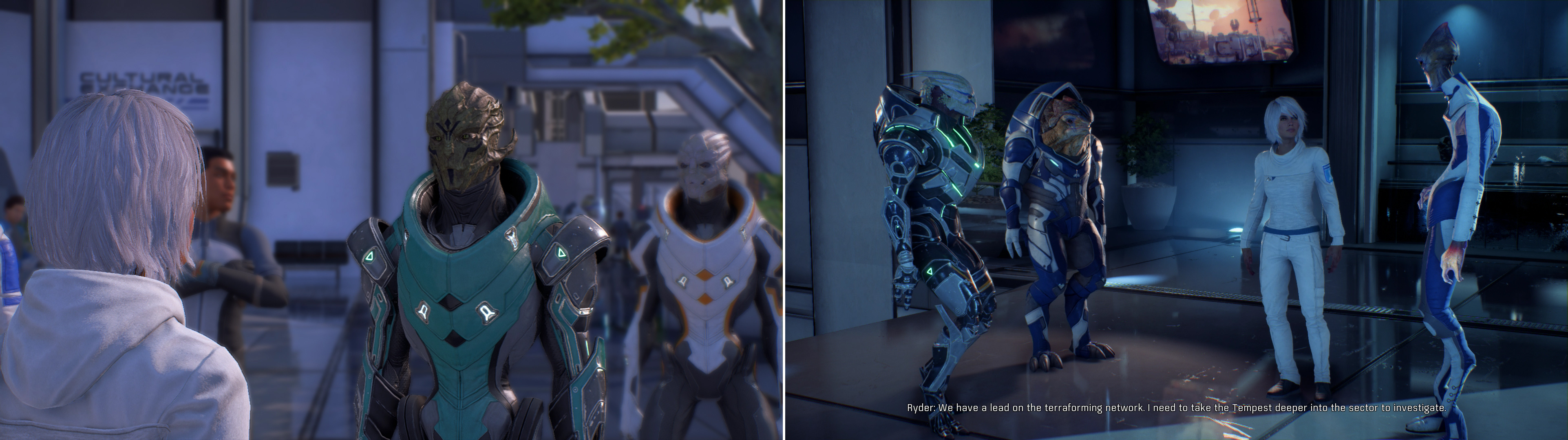 You’ll be warmly welcomed by eager colonists back on the Nexus (left). Be sure to meet with the Nexus leaders and tell them about what you found on Eos (right).