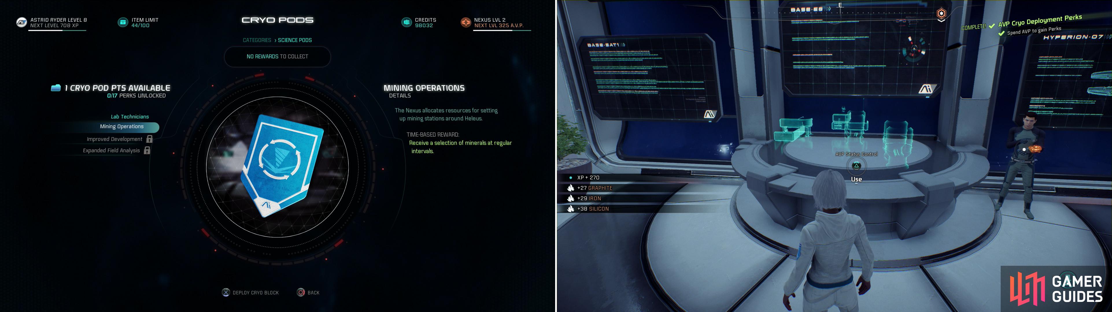 In the Cryo Pod menu you’ll be able to spend your accumulated AVP perks (left) to unlock a variety of rewards (right).