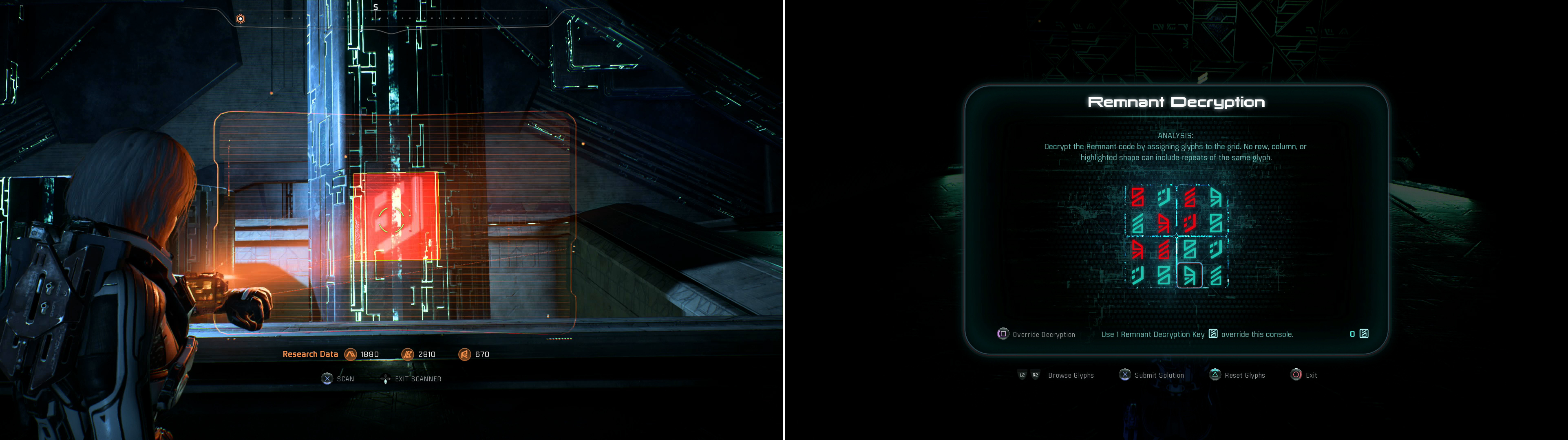 Infiltrate some Remnant ruins and between clashes with Kett keep your eye (and scanner!) out for glyphs (left). Use the glyphs to complete a Remnant puzzle and claim some treasure (right).