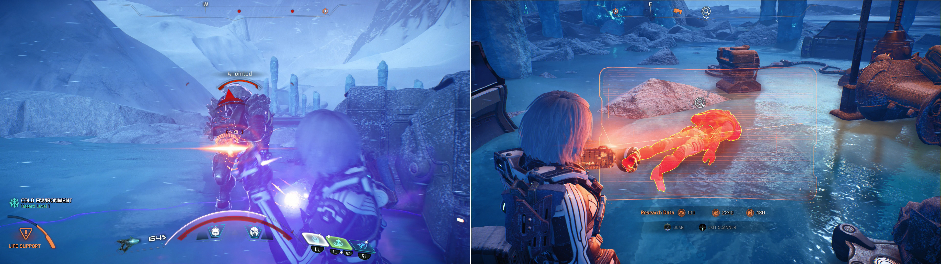 As you explore Voeld, raid unmarked Kett camps (left) and with luck you’ll find randomly spawning Angaran corpses you can scan (right).