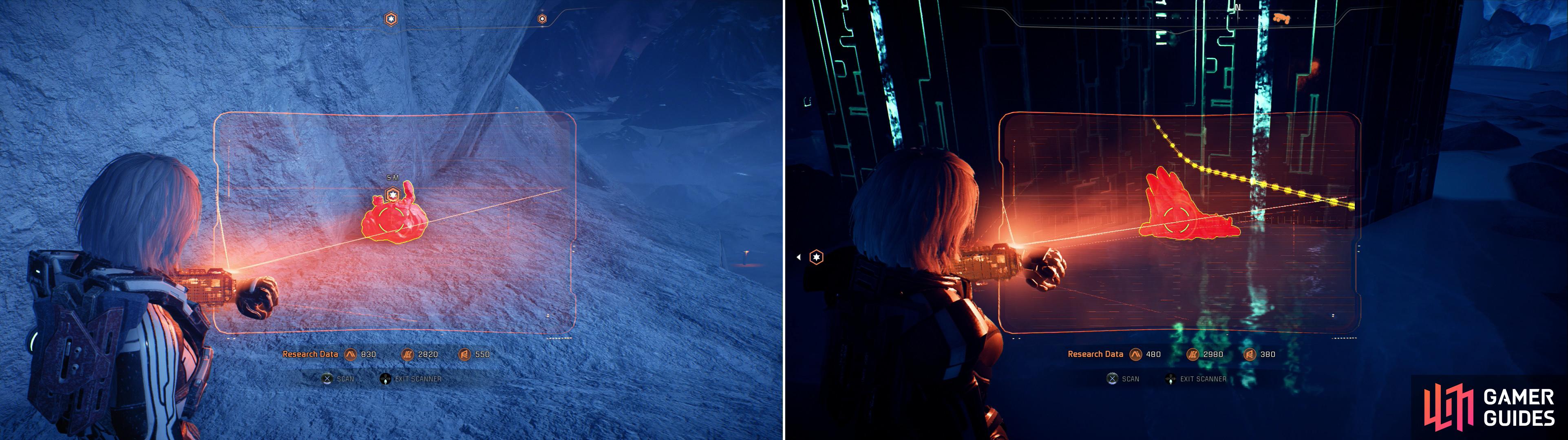 Numerous mineral samples can be scanned across Voeld, like the Platinum Sample above the Techiix Station (left) and the Lithium Sample near the western monolith (right).