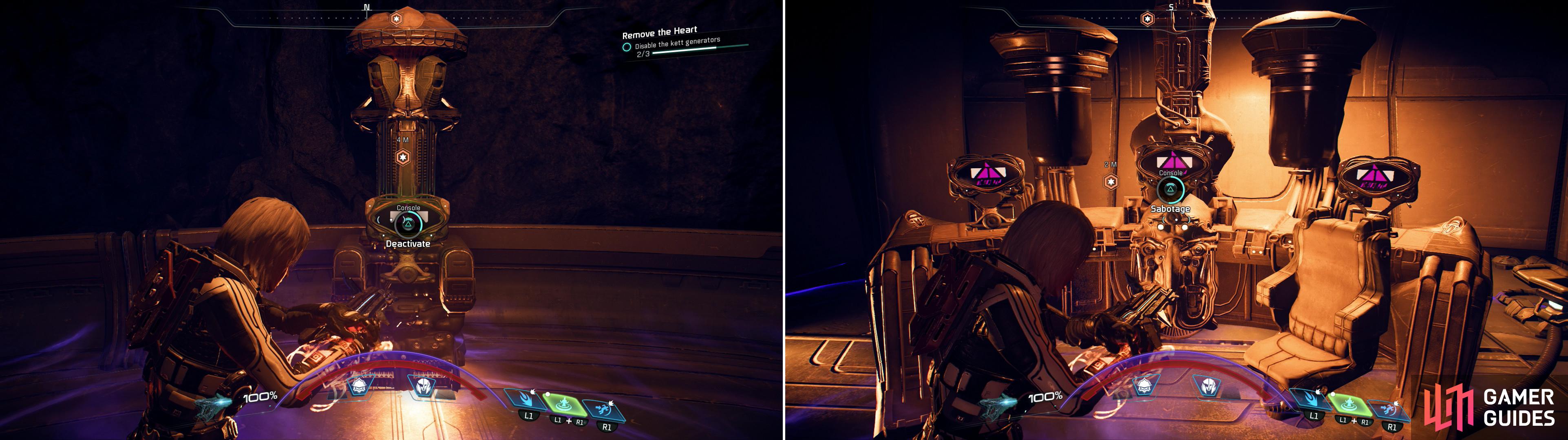 Survive waves of Kett to reach three Kett generators (left) after which you can disable the base’s security and open the way to the core (right).