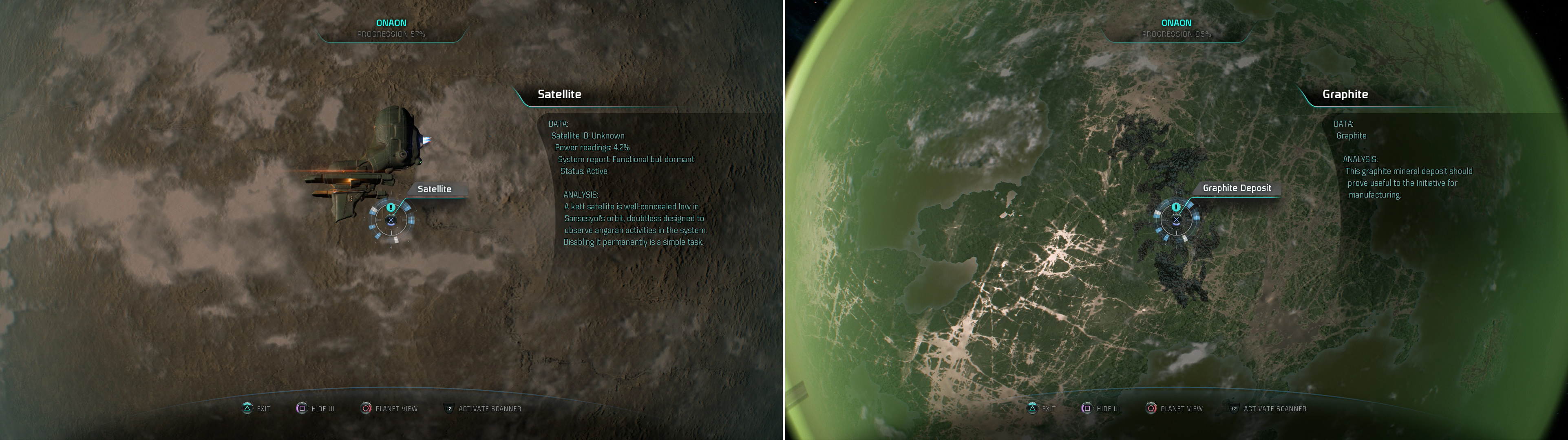 The planet Sansesyol is watched by a Kett satellite (left) while Obayro will yield some Graphite (right).