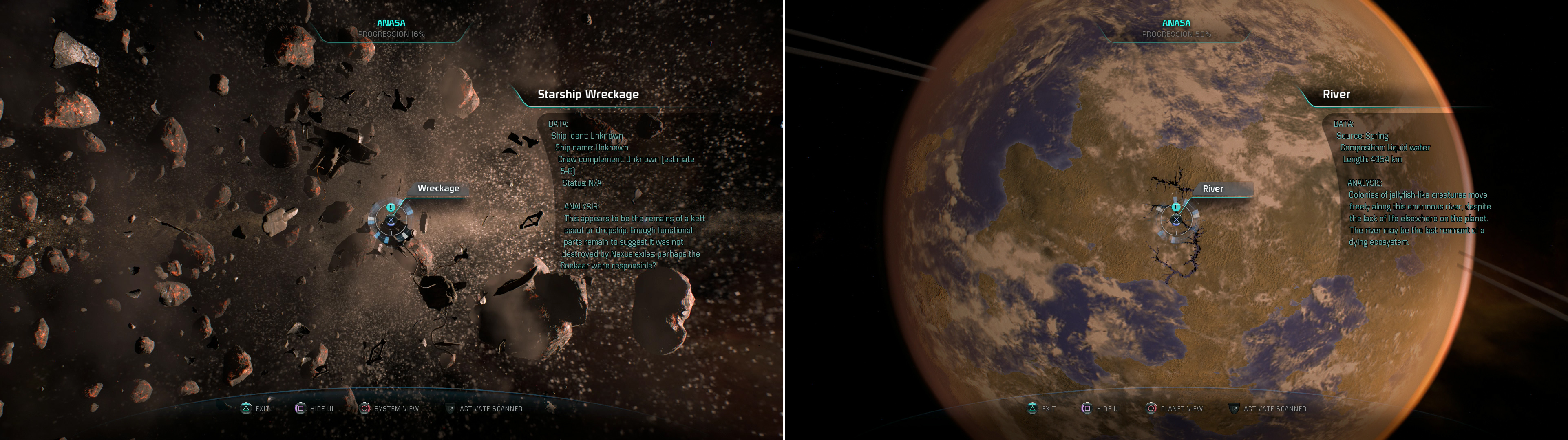 Scan a Starship Wreckage to score some salvage (left) then fly by Sedele and scan a river for some XP (right).