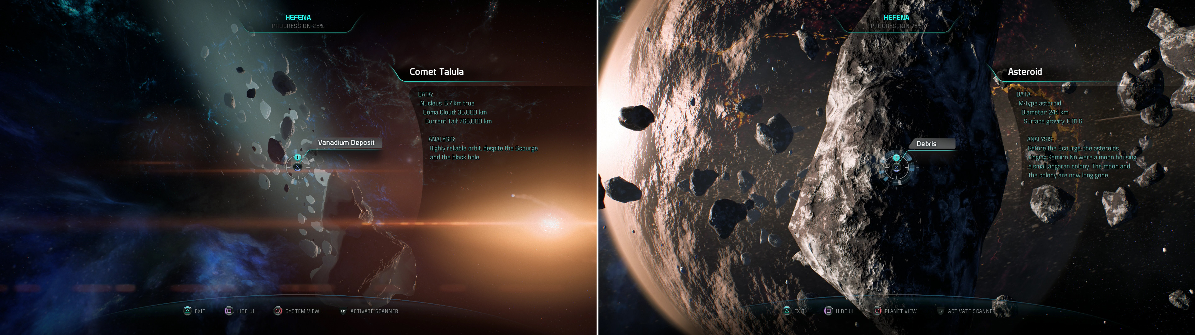 Comet Talula will bestow you with some Vanadium if you drop by (left) while an Asteroid in Kamiiro No’s ring system can be scanned for some XP (right).