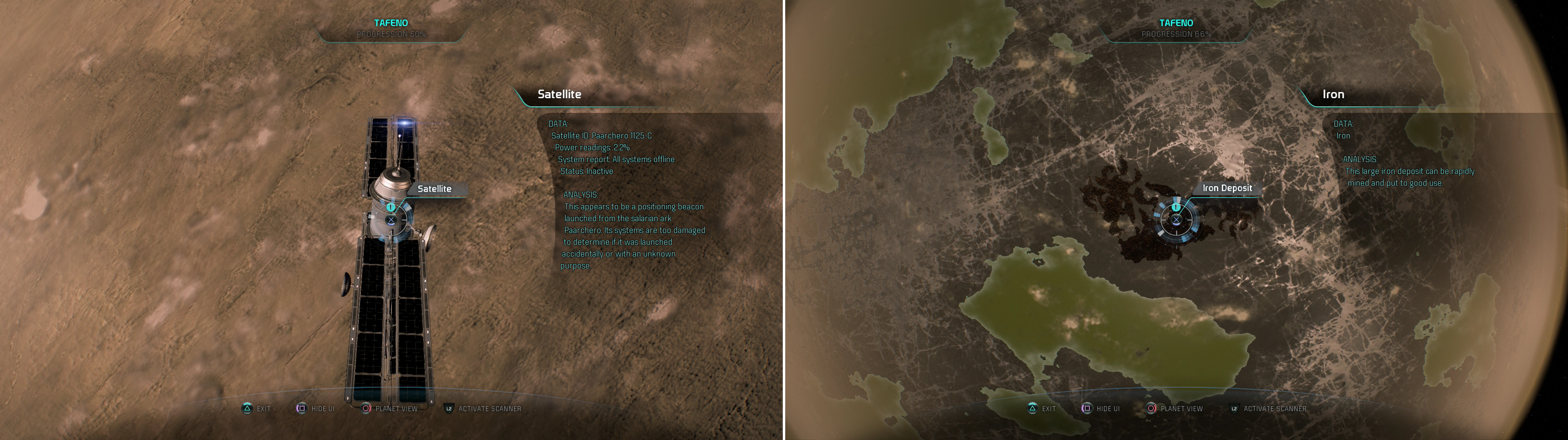 Scan the satellite orbiting Pas-65 to earn some Research Data (left) then extract some iron from the surface of Tentrobiil (right).