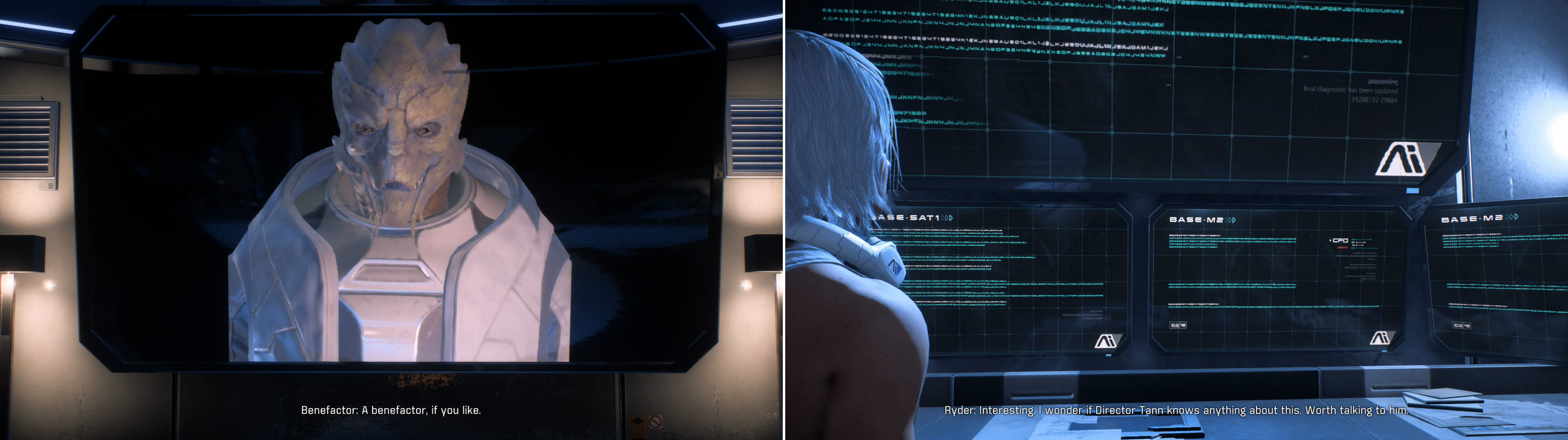 Interact with SAM node to watch a memory of your father’s meeting with a mysterious benefactor (left) then listen to his logs to pick up a lead on this benefactor (right).