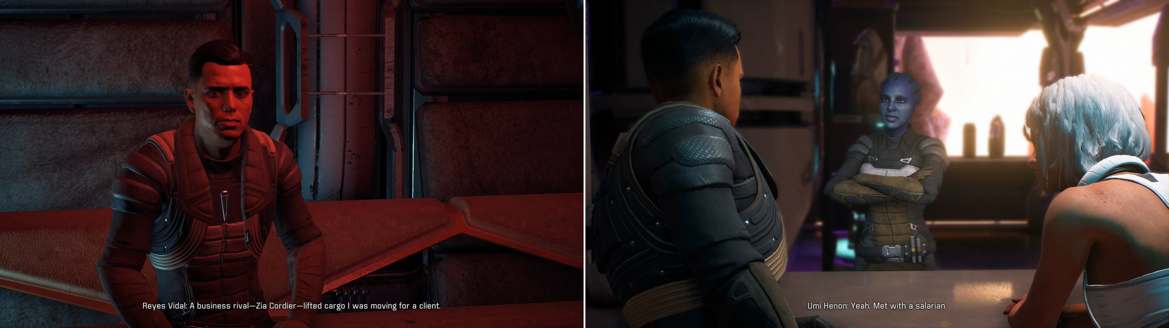 After solving the murder mystery in Kadara Port, talk to Reyes, who has another… sensitive task for you (left). Pay a visit to the bartender in Kralla’s Song to learn more about Zia’s recent actions (right).